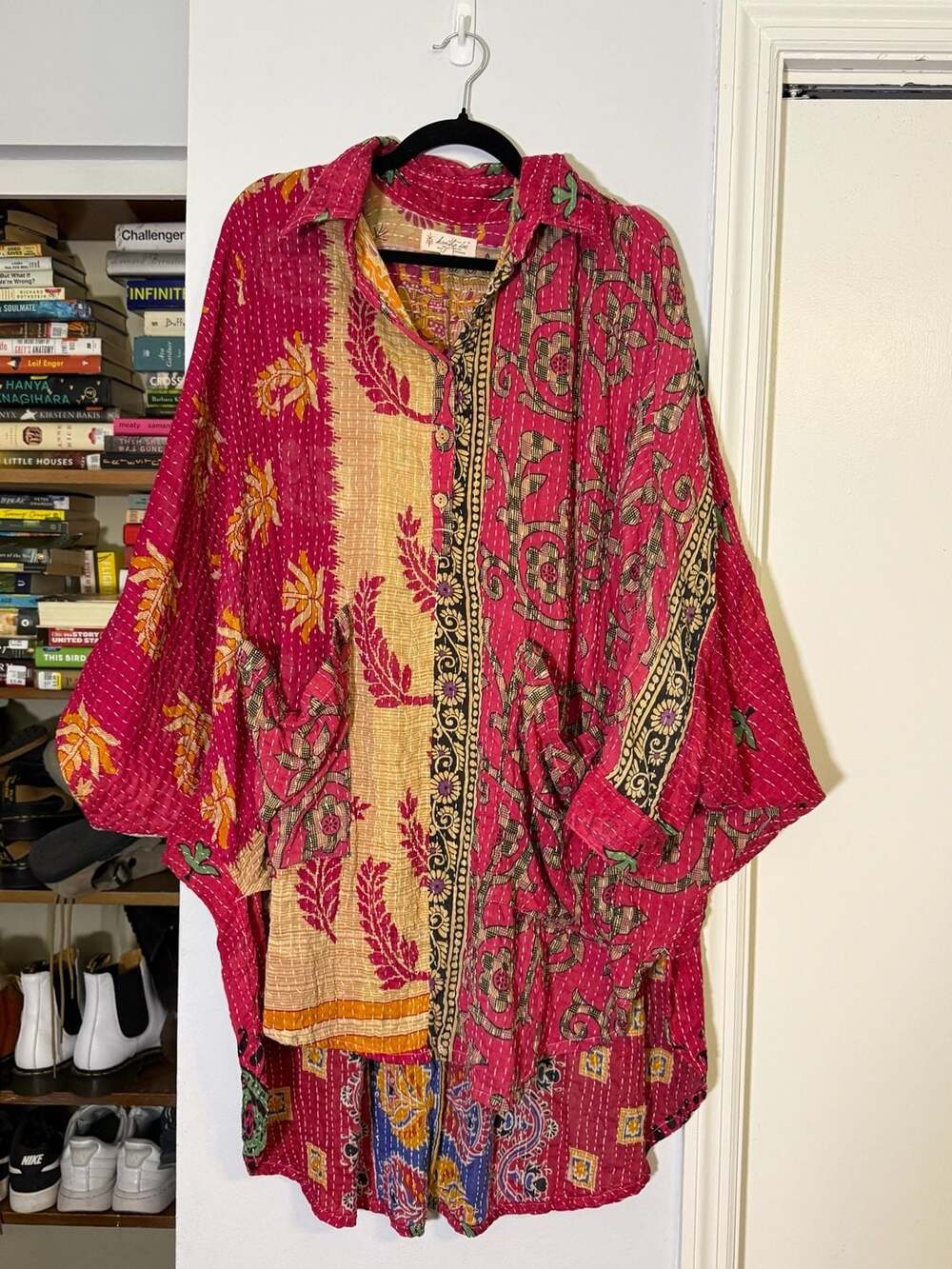 Kantha Bae Multicolored Kantha Cotton Patchwork Long Button Down Shirt Tunic